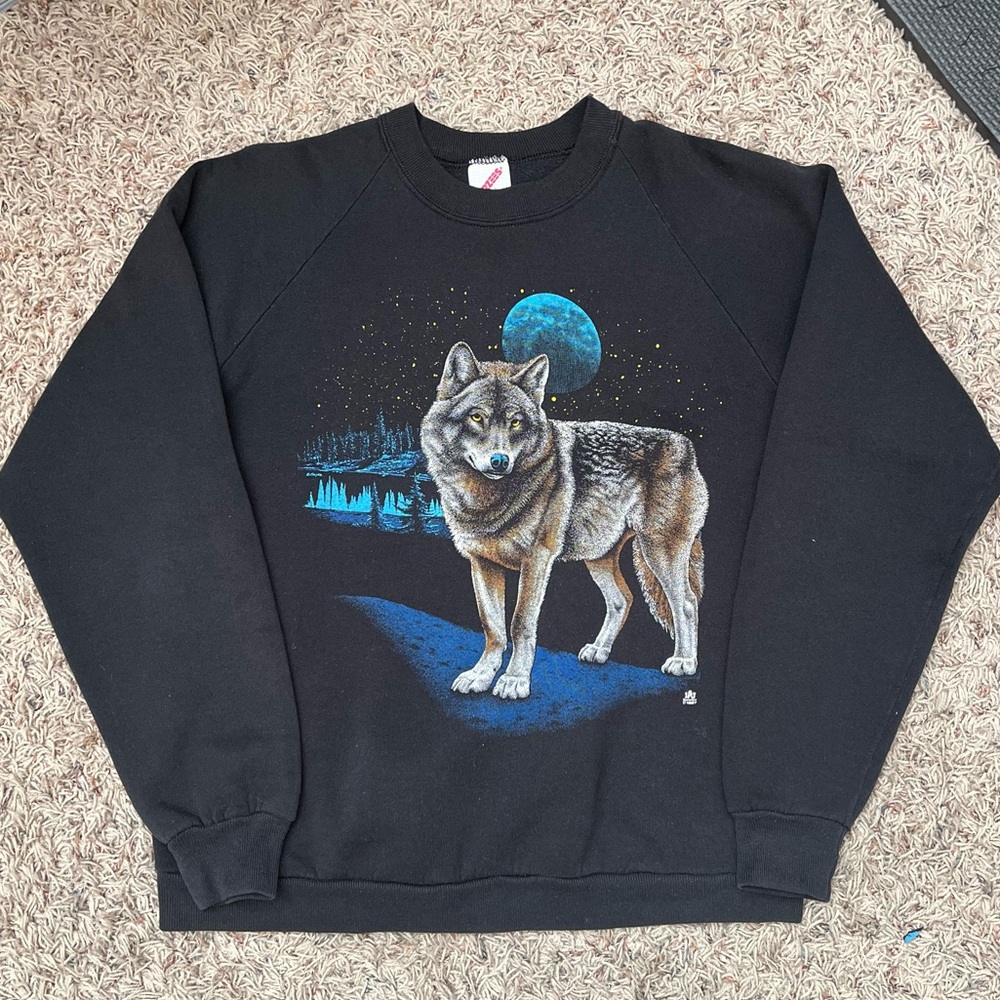 Vintage 1987 Wolf Crewneck, Womens Large, Black & Blue